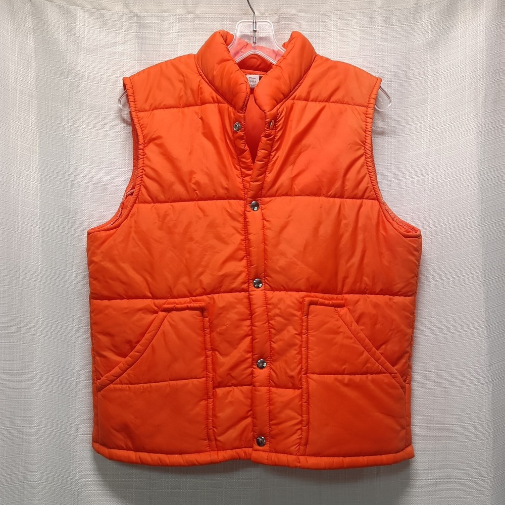 Vtg 70s Swingster Mens S/M Orange Puffer Nylon Snap Button Vest‎ USA Pockets